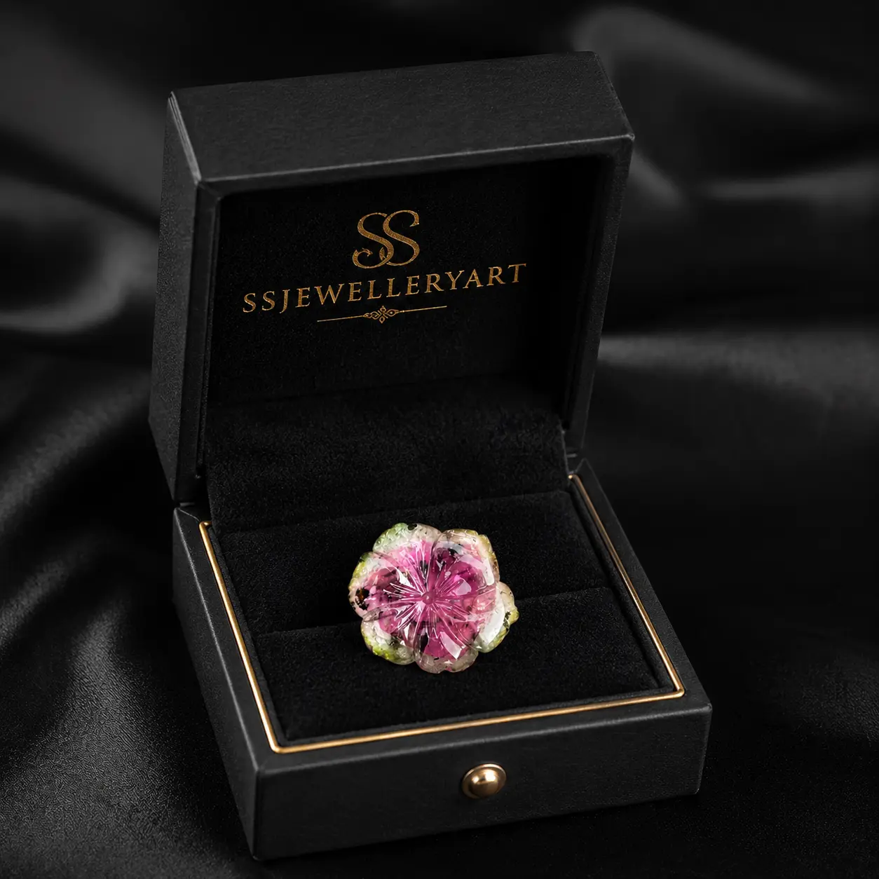 Natural Watermelon Tourmaline Floral Carving Gemstone - Image 3