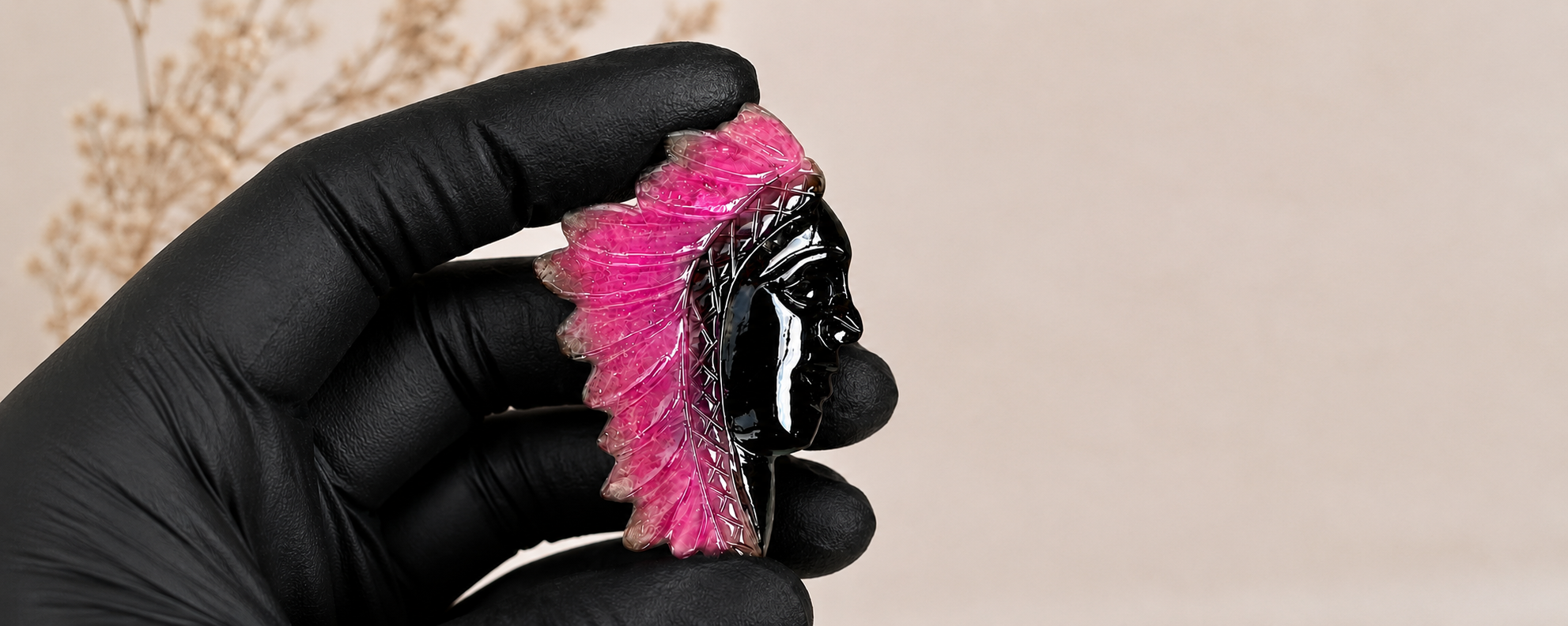 Handcrafted Pink Gemstone Tribal Face Carving - Image 4