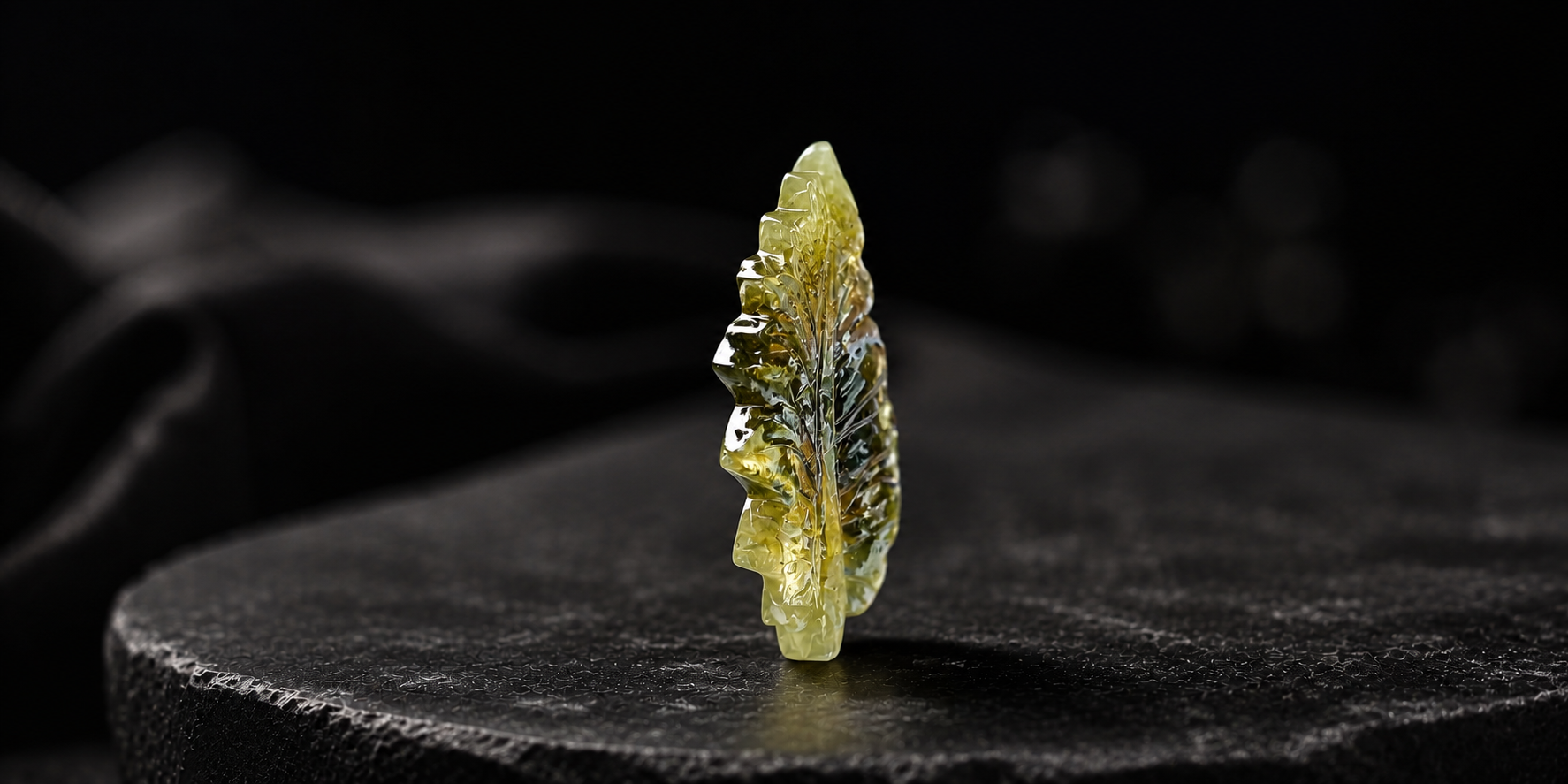 Hand-carved translucent yellow gemstone leaf placed upright on a dark textured surface with a black blurred background, showcasing detailed crystal carving craftsmanship.