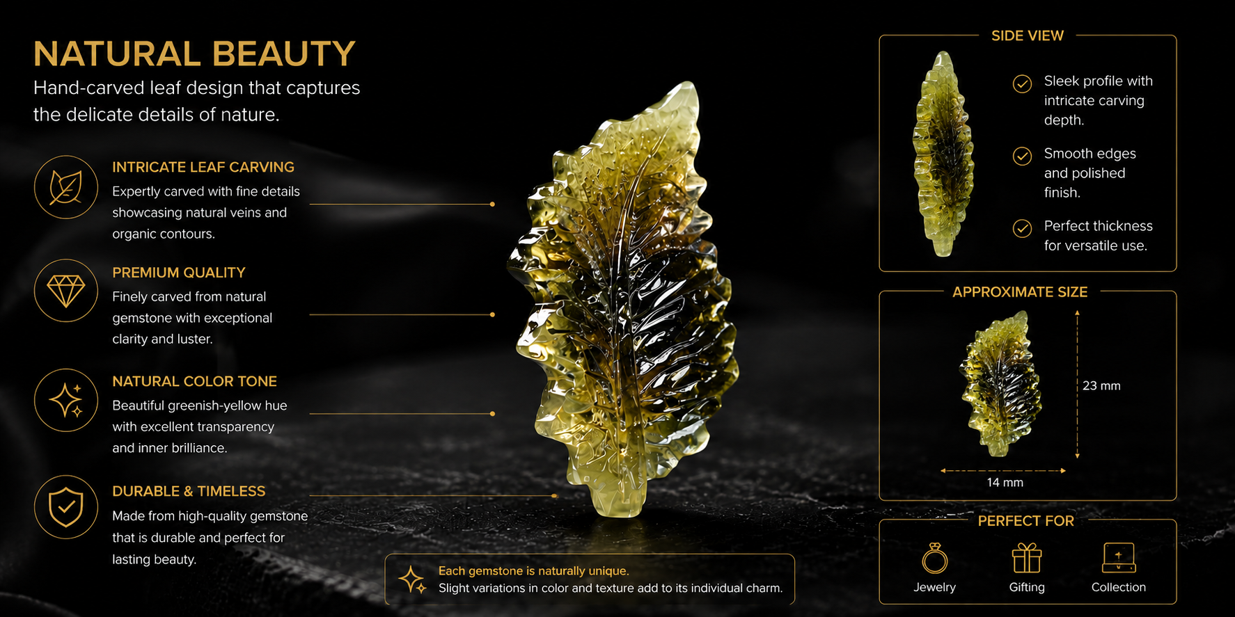 Hand-carved natural gemstone leaf carving with a glossy greenish-yellow finish, featuring intricate vein detailing, polished craftsmanship, side profile view, and size dimensions on a premium black background.