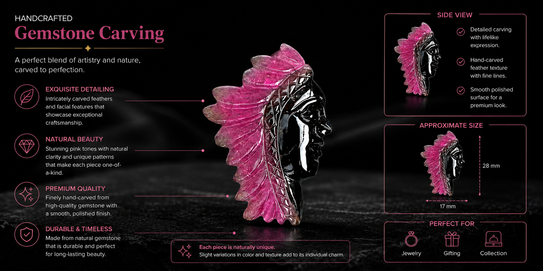 Handcrafted gemstone carving of a Native American chief profile featuring glossy black stone with vibrant pink feather detailing, displayed with premium craftsmanship highlights, side view, and size dimensions on a luxury black background.