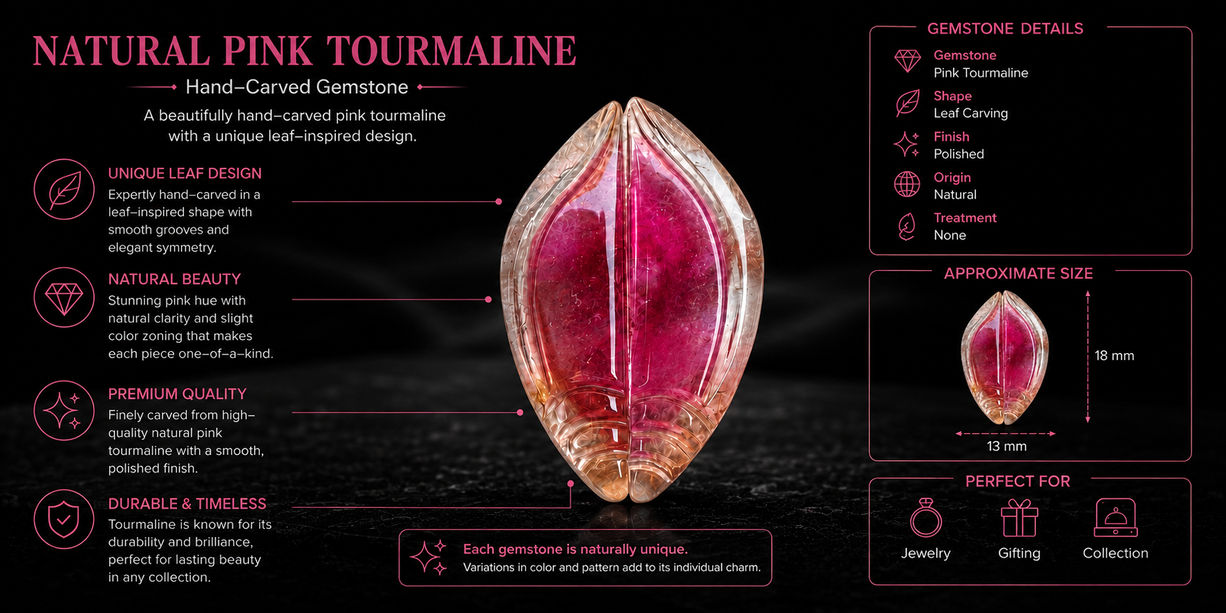 Luxury infographic featuring a hand-carved natural pink tourmaline gemstone in a leaf-inspired shape on a dark black background, with gemstone details, size dimensions, premium quality highlights, and jewelry gifting icons.