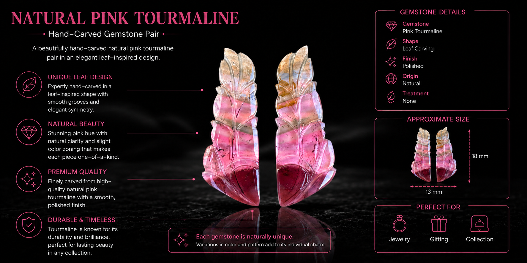 Luxury natural pink tourmaline hand-carved gemstone pair with leaf carving design and polished finish displayed in a premium black infographic layout for jewelry making and gemstone collection.