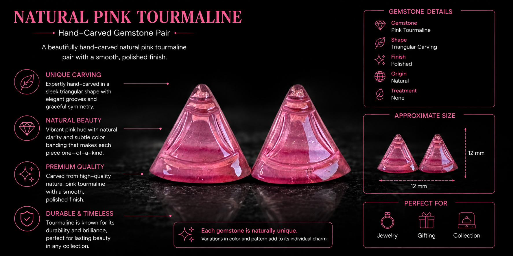Pair of natural pink tourmaline hand-carved gemstones with triangular carving design displayed in a luxury black infographic background for jewelry making and gemstone collection.
